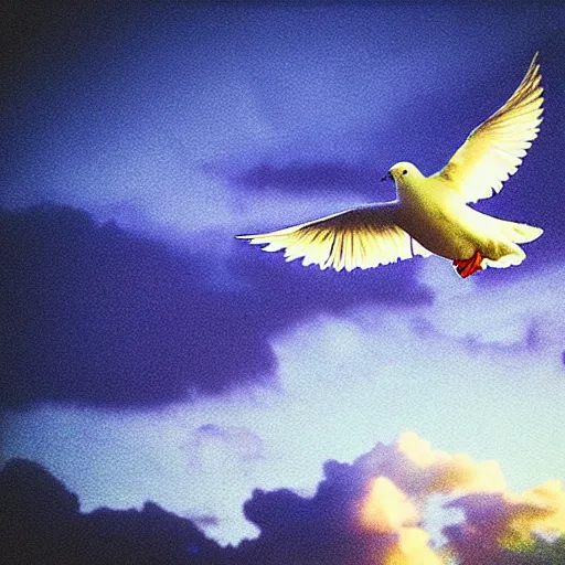Image similar to close - up realistic shot radiant white dove flying over clouds sunset ethereal vintage photograph film grain surreal awe - inspiring