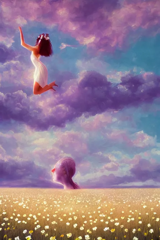 Image similar to giant white daisy flower as head, body girl dancing in a flower field, surreal photography, sunrise, dramatic light, impressionist painting, colorful clouds, digital painting, artstation, simon stalenhag