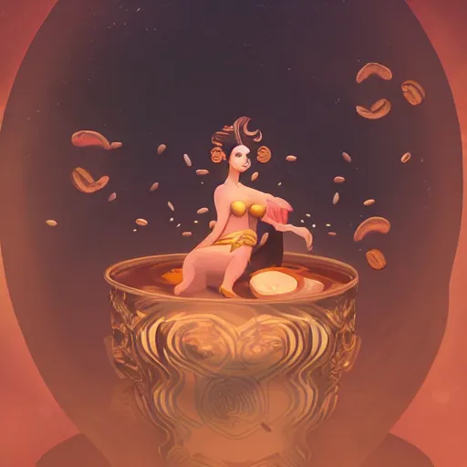 Prompt: goddess of coffee surrounded by coffee beans and steam ☕ 🧖‍♀️, matte fantasy painting volumetric lighting by Ross Tran and Jason Felix and Steve Argyle and Tyler Jacobson and Ching Yeh and Anato Finnstark, bokeh backdrop