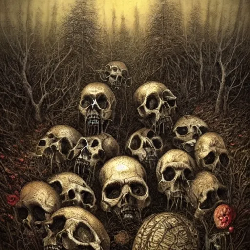 Image similar to a hyperrealistic painting of a psychedelic nightmare landscape, skulls, bones, by anton semenov and santiago caruso, highly detailed, vivid color,