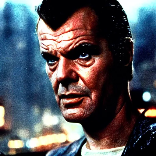 Image similar to 30 year old Jack Nicholson as Rick Deckard on blade runner 1982, movie still, in color, movie frame, detailed face, symmetrical face, 4k,