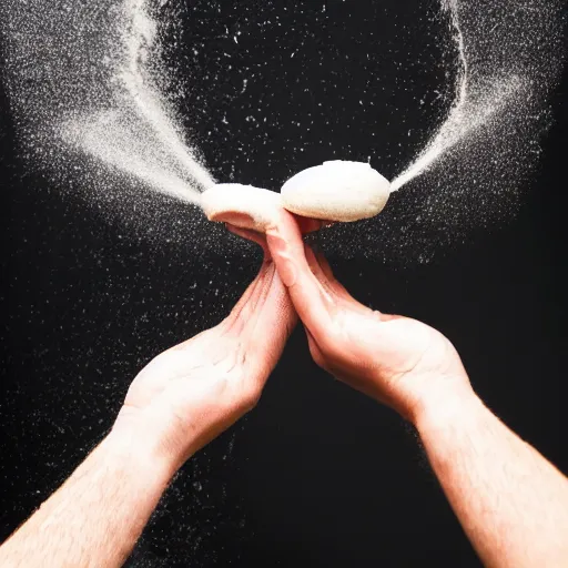 Prompt: a photo of two hands manipulating a smooth dough floating and spinning in the air, black background, flour dust spray, backlit, high quality action photography, studio photo, 50mm