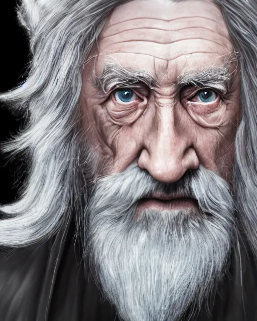 Prompt: portrait of 8 0 - year - old man, with blue eyes, very long silver hair, and very long silver beard, a long crooked nose, dumbledore, wearing in black cloak, hyper realistic face, beautiful eyes, character art, art by mark brooks, hyperdetailed, cryengine, trending on artstation, digital art