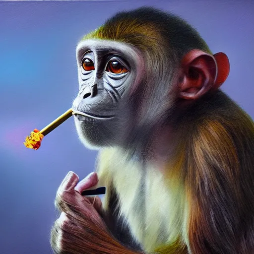 Prompt: monkey smoking weed, cinematic, 4 k, oil painting