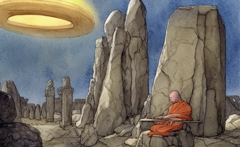 Prompt: a hyperrealist watercolor fantasy concept art of giant monk with a long forehead in grey robes sitting in stonehenge. in the background a ufo is in the sky. by rebecca guay, michael kaluta, charles vess