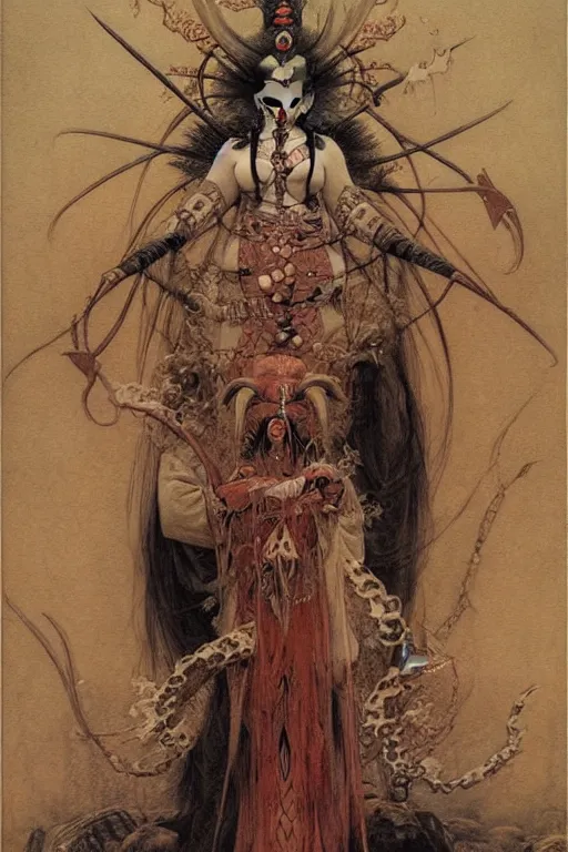 Image similar to kabuki viking priestess by wayne barlowe, gustav moreau, goward,  Gaston Bussiere and roberto ferri, santiago caruso, and austin osman spare, ((((occult art))))