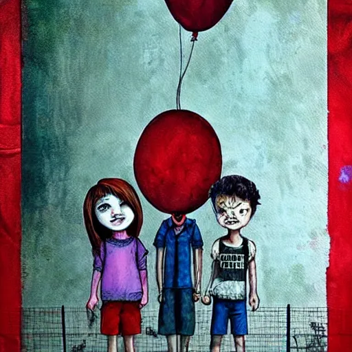 Prompt: grunge painting of stranger things with a wide smile and a red balloon by chris leib, loony toons style, pennywise style, corpse bride style, horror theme, detailed, elegant, intricate