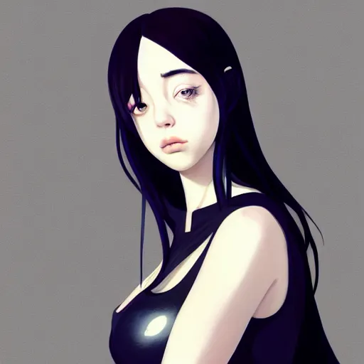 Image similar to a beautiful young japanese billie eilish kat dennings alluring instagram model in elaborate latex tank top, by guweiz and wlop and ilya kuvshinov and artgerm and makoto shinkai and studio ghibli, symmetrical eyes, aesthetic, gorgeous, stunning, alluring, attractive, artstation, deviantart, pinterest, digital art