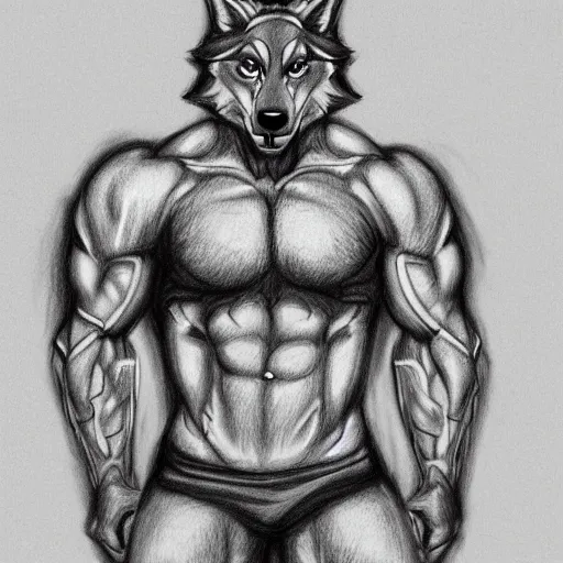 Image similar to master furry artist pencil drawing full body portrait character study of the anthro male anthropomorphic wolf fursona animal person wearing gym shorts bodybuilder at gym