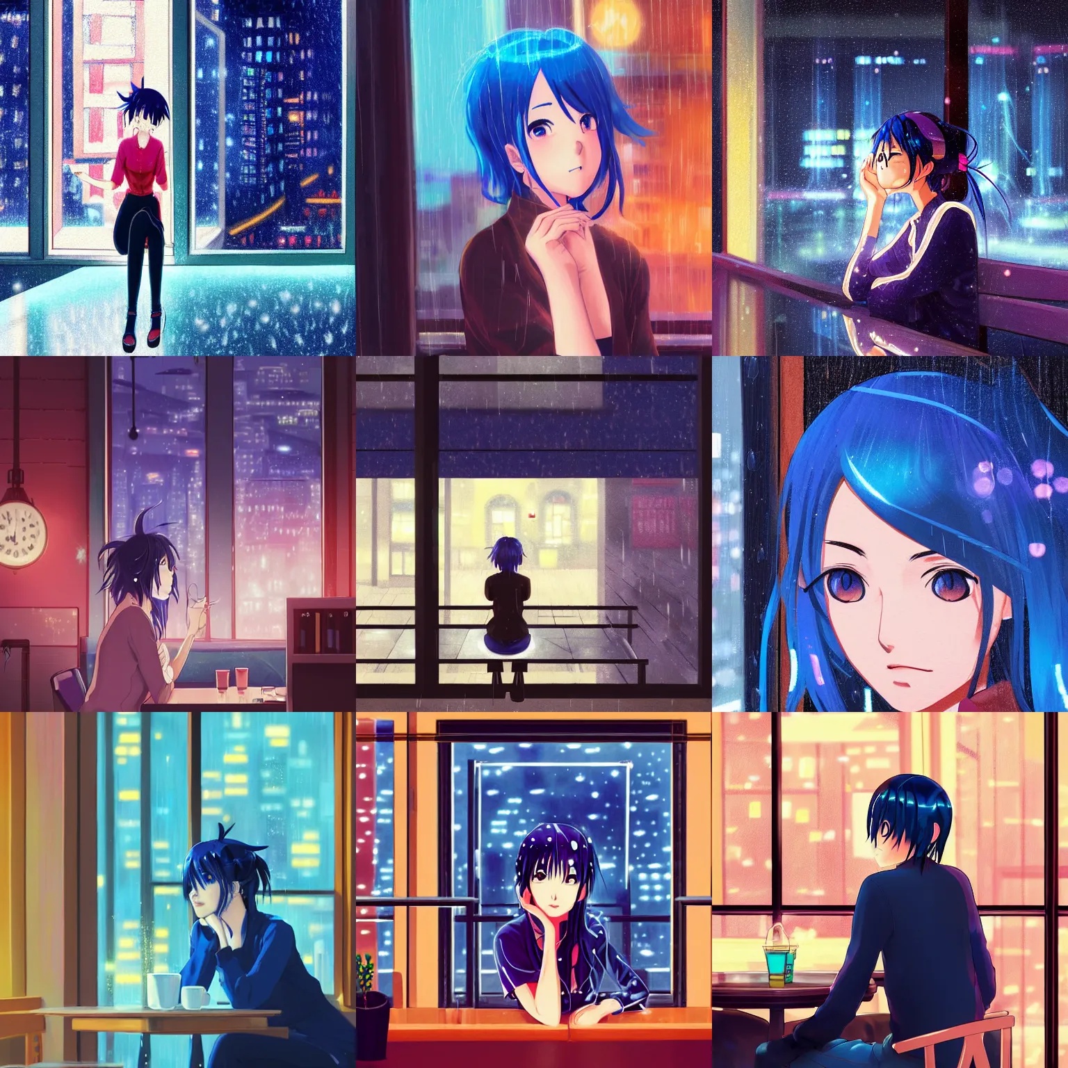 Prompt: beautiful anime painting of a woman with dark-blue hair sitting in a cafe next to a window, rainy night, outside are neon lights from a dense city, by makoto shinkai, kimi no na wa, artstation, atsmospheric, high detail