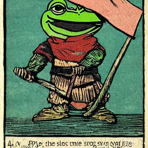 Image similar to pepe the frog, viking warrior, saga, 1 9 2 0 s magazine colors, woodcut by christian krohg