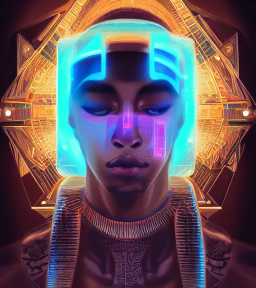 Image similar to symmetry!! egyptian prince of technology, solid cube of light, hard edges, product render retro - futuristic poster scifi, lasers and neon circuits, brown skin man egyptian prince, intricate, elegant, highly detailed, digital painting, artstation, concept art, smooth, sharp focus, illustration, dreamlike, art by artgerm