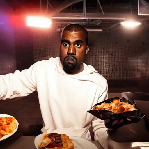 Image similar to blurry, gopro footage of kanye west eating at taco bell, cinematic, volumetric lighting, night, rain