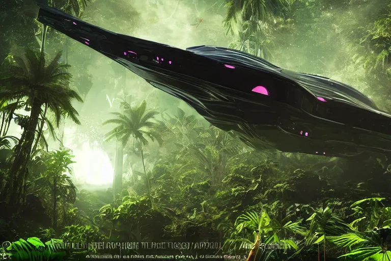 Image similar to big alien space ship flying in the tropical jungle, award winning, trending on artstation, unreal engine