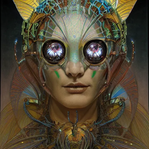 Image similar to realistic illustration of a beautiful rusted mechanical faerie queen with glowing eyes, moth wings with geometric patterns, reflective detailed textures, baroque dark fantasy science fiction painting by donato giancola and diego rivera and jean delville and moebius, silver and cool colors, artstation, octane render