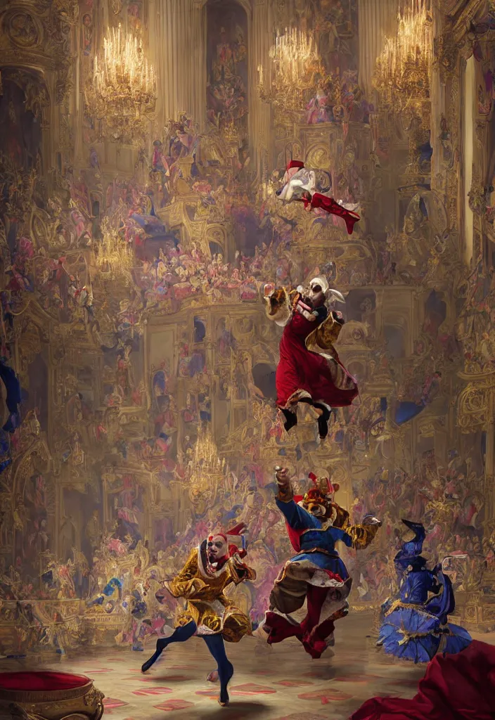 Prompt: painting of a jester dancing inside the buckingham palace surrounded by royal family, surreal highly detailed, artstation greg rutkowski