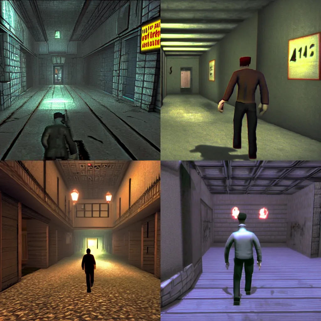 Prompt: Horror Game Screenshots, A man walking in a dark city, Nintendo64