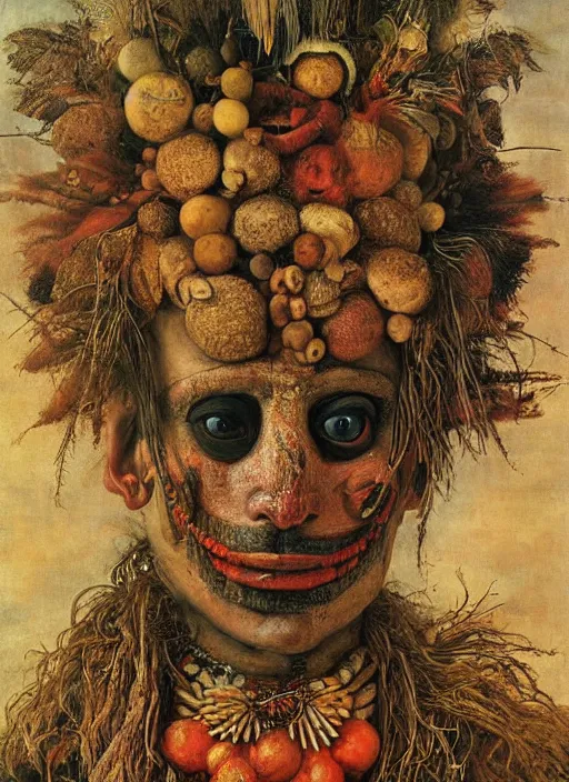 Prompt: a ((surreal)) painting of a shaman's face, by Giuseppe Arcimboldo, symbolist, soft colors, dramatic lighting, smooth, sharp focus, extremely detailed, aesthetically pleasing composition