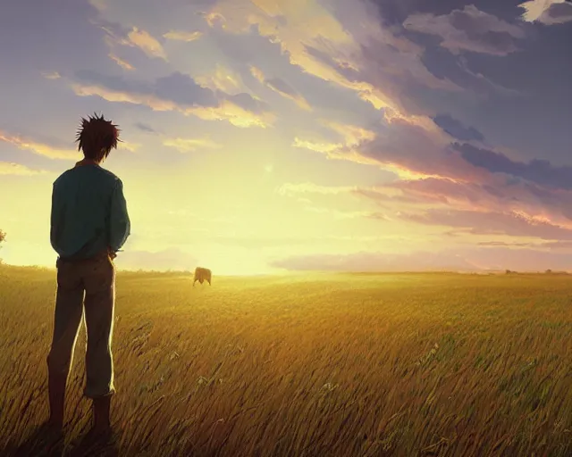 Prompt: a painting of a man standing in a field at sunset, a detailed matte painting by makoto shinkai, cgsociety, neo - primitivism, anamorphic lens flare, matte painting, global illumination