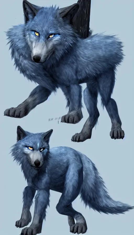 Image similar to dieselpunk furry blue wolf with fuzzy tail, concept art, dramatic, fantasy, pixiv