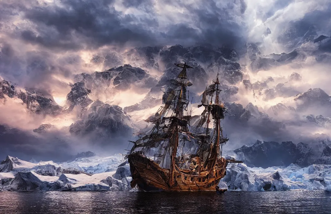 Prompt: close up of a large pirate ship sailing on a glacial lake, landscape photography by marc adamus, dramatic lighting, thunder, dramatic,