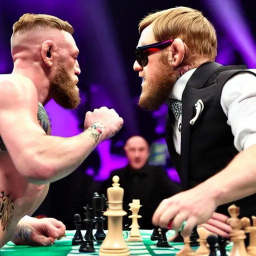 Image similar to Conor Mcgregor loses to elton john in a game of chess