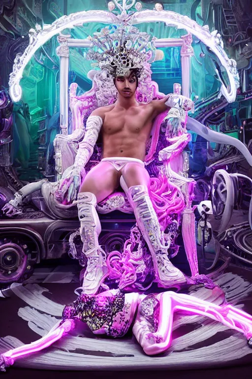 Image similar to full-body rococo and cyberpunk style neon statue of a muscular attractive Joe Jonas macho dotado e rico android sim roupa reclining con las piernas abertas e la piroca dura, glowing white laser eyes, prince crown of pink gears, diamonds, swirling silver-colored silk fabric. futuristic elements. full-length view. space robots. human skulls. intricate artwork by caravaggio. Trending on artstation, octane render, cinematic lighting from the right, hyper realism, octane render, 8k, depth of field, 3D