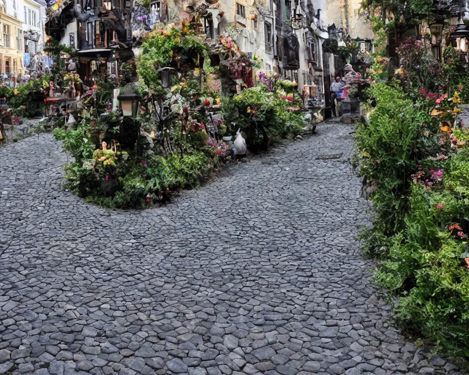 Image similar to cobblestone streets filled with fae, magical, faerie, fanciful