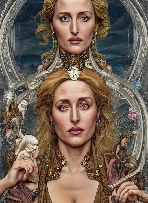 Prompt: Gillian Anderson as a Roman Goddess, beautiful detailed eyes, cute, fantasy, intricate, elegant, highly detailed, digital painting, 4k, HDR, concept art, detailed jewelry, smooth, sharp focus, illustration, art by Artgerm, H R Giger and Alphonse Mucha , tarot card