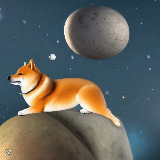 Image similar to A Shiba inu monk sits on a flying rock and travels through the universe , Artstation