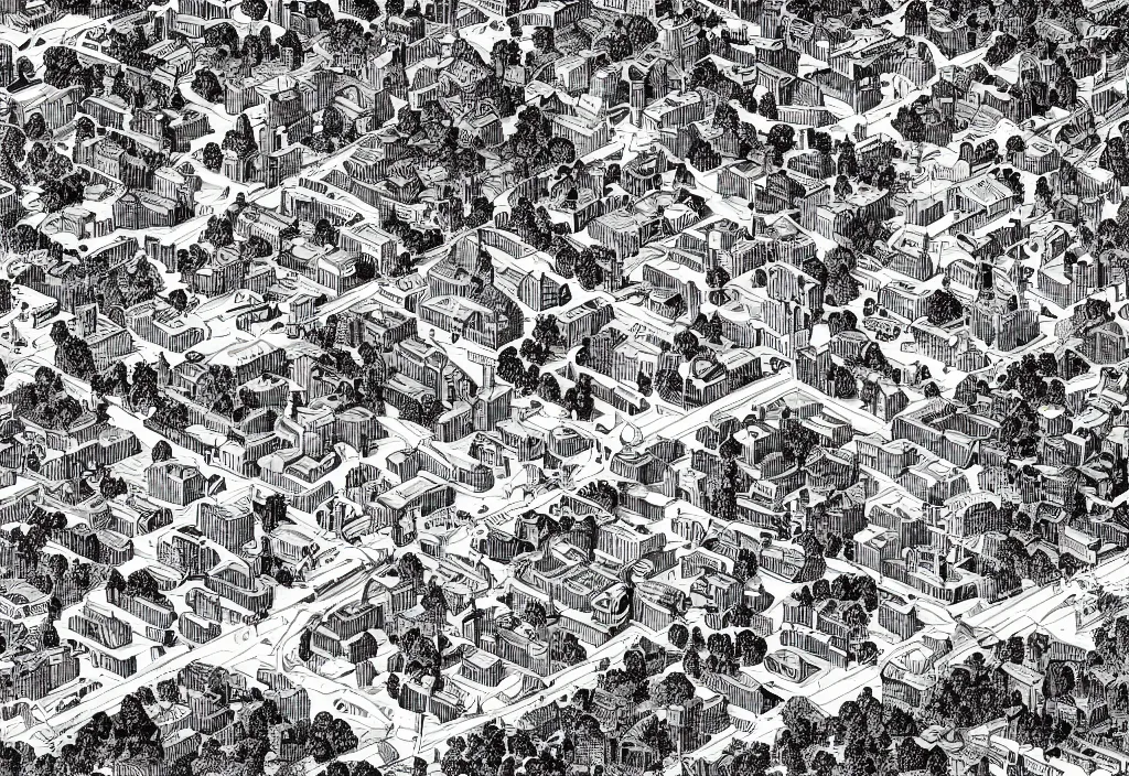 Prompt: A forested hill surrounded by a city, isometric view, engraving, black and white