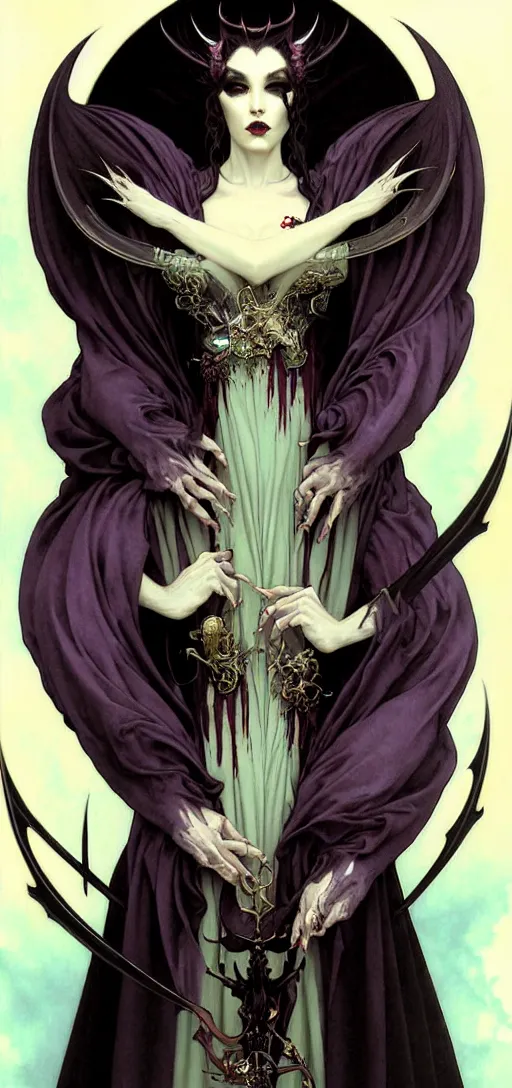 Image similar to close up painting a beautiful vampire queen in gothic robes with bat wings, by nekro, peter mohrbacher, alphonse mucha, brian froud, yoshitaka amano, kim keever, victo ngai, james jean