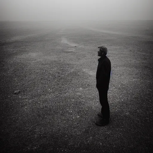 Image similar to a lonely man standing on a deserted planet, dreary, head down, smokey, mist, blur, ambient lighting, photograph, 24mm,