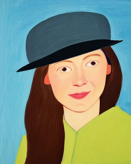 Prompt: portrait of a smiling young woman with hat, long hair, light background, peaceful, colorful, by alex katz, close up