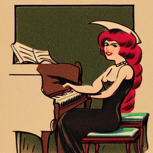 Prompt: vintage woman wearing devil horns and sitting in an piano, retro cartoon