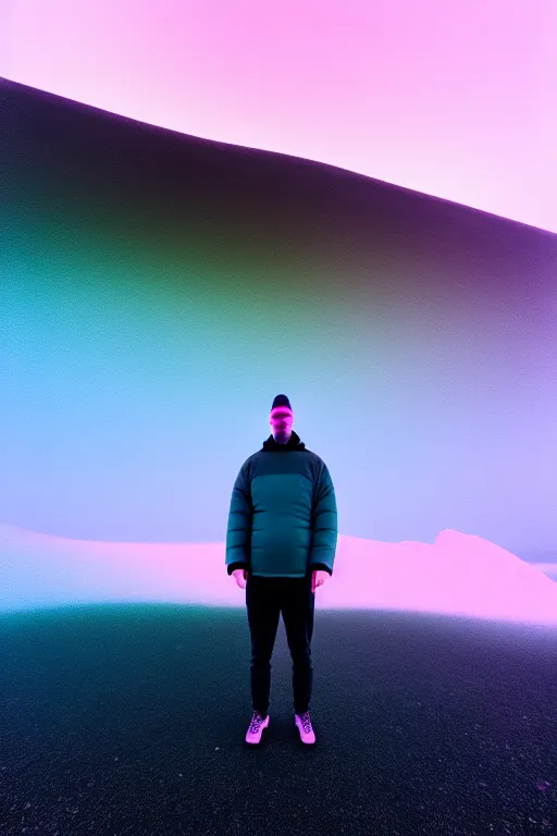 Image similar to high quality pastel coloured film wide angle selfie photograph of a plain looking male with cyber enhancement standing in an icelandic black rock environment. sarcastic expression. three point light. photographic. art directed. pastel colours. volumetric light. stark. waves glitch. 8 k. filmic.