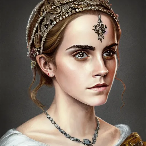 Image similar to a beautiful portrait of emma watson as a 1 6 th century noblewoman, fantasy, intricate, elegant, highly detailed, digital painting, artstation, concept art, matte, sharp focus, illustration, luminist and baroque style