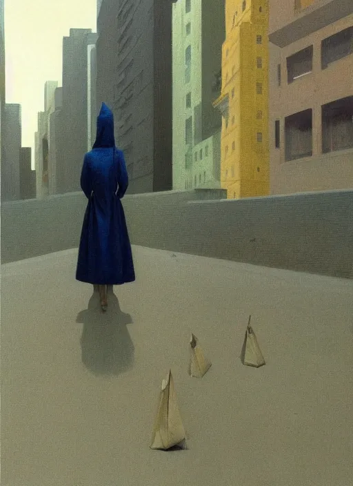 Prompt: woman dressed in paper bags, paper bags over the head on megapolis street, tall buildings, Edward Hopper and James Gilleard, Zdzislaw Beksinski, highly detailed