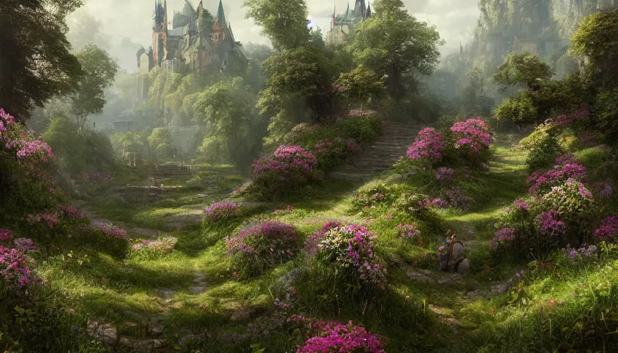 Image similar to landscape painting of a lush flower hill, behind it an old german city, fantasy, intricate, elegant, highly detailed, digital painting, artstation, blender, unreal engine 5, octane render, smooth, sharp focus, illustration, by greg rutkowski