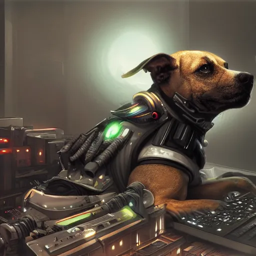 Prompt: Cyberpunk cyborg dog , digital art , highly detailed , high contrast, beautiful lighting, award winning , trending on art station, photorealistic, 8k