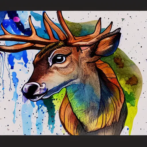 Prompt: water color and pen, high resolution, detailed, trending on artstation, deer