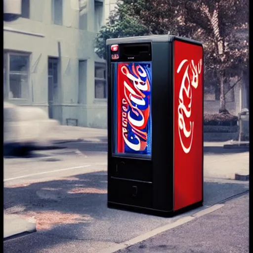 Image similar to a pepsi - style vending machine on a deserted summer street full of cans of coca - cola, cinematic composition, artstation, concept art