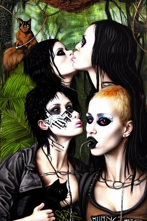 Image similar to punk rock girls kissing and making selfie with black cats in jungle , 1980 style, mad max jacket, post apocalyptic, Cyberpunk, renaissance, Gothic, mystic, highly detailed, digital painting, 4k, fog, oil painting by Leonardo Da Vinci, hyper realistic style, fantasy by Olga Fedorova