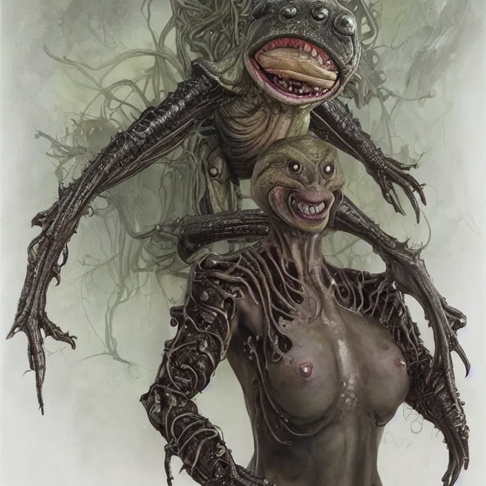 Image similar to a portrait photograph of a grinning amphibian female alien with wet skin. she wearing a tactical suit and has many body modifications. by tom bagshaw, donato giancola, hans holbein, walton ford, gaston bussiere, brian froud, peter mohrbacher and magali villeneuve. 8 k, fashion editorial, cgsociety