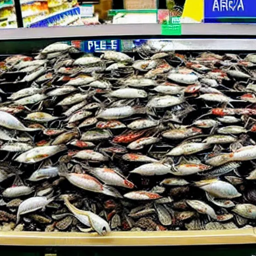 Prompt: pile of dead fish on supermarket checkout, very detailed