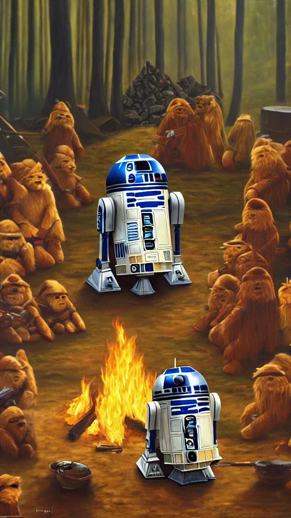 Prompt: an oil painting of r 2 - d 2 sitting by the fire at the ewok encampment, surrounded by ewoks. color harmony, 8 k detail, gallery quality, hd wallpaper, premium prints available, hyper - detailed, intricate design.