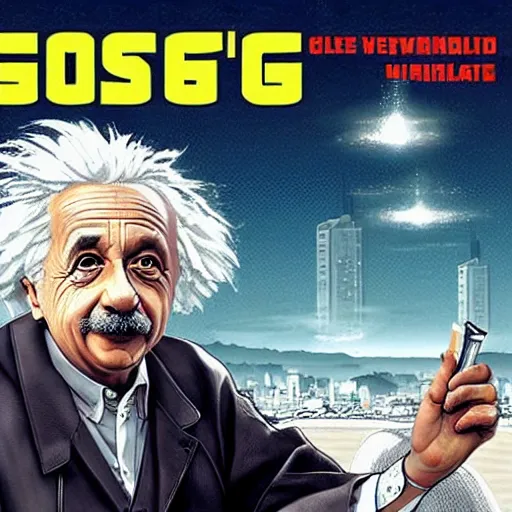 Image similar to “Albert Einstein in GTA V, cover art by Stephen Bliss, Boxart, loadscreen”