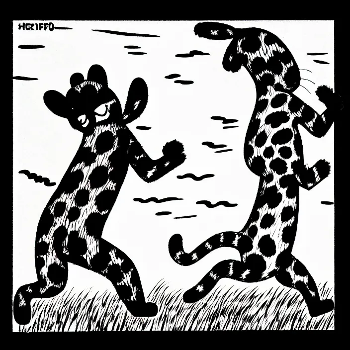 Image similar to a still frame from comic strip, black fluffy leopard dancing with rabbit in a field 1 9 5 0, silhouette, herluf bidstrup, new yorker illustration, monochrome contrast bw, lineart, manga, tadanori yokoo, simplified,