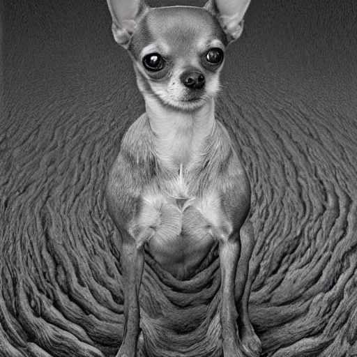 Image similar to a portrait of a chihuahua, from the terrifying and incomprehensible beyond, body horror, by gerard brom, zdzisław beksinski and ansel adams