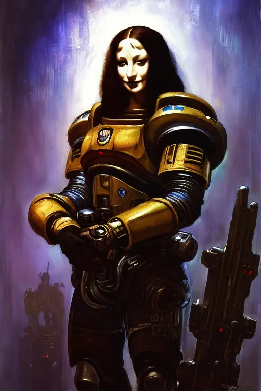 Prompt: character portrait cyberpunk starcraft terran warhammer 4 0 k space marine commmissar ( ( ( ( ( ( ( ( totally definitely not negative no not mona lisa inspired ) ) ) ) ) ) ), character design, painting by gaston bussiere, katsuya terada, frank frazetta, tom of finland, trending on artstation